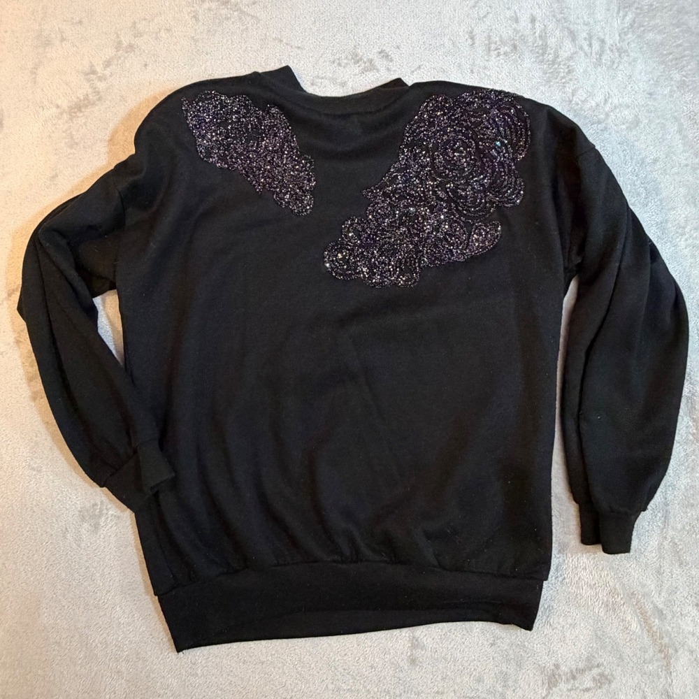 Vintage 80s Extravaganza Black Glitter Rose Sweatshirt Shoulder Pads Large USA